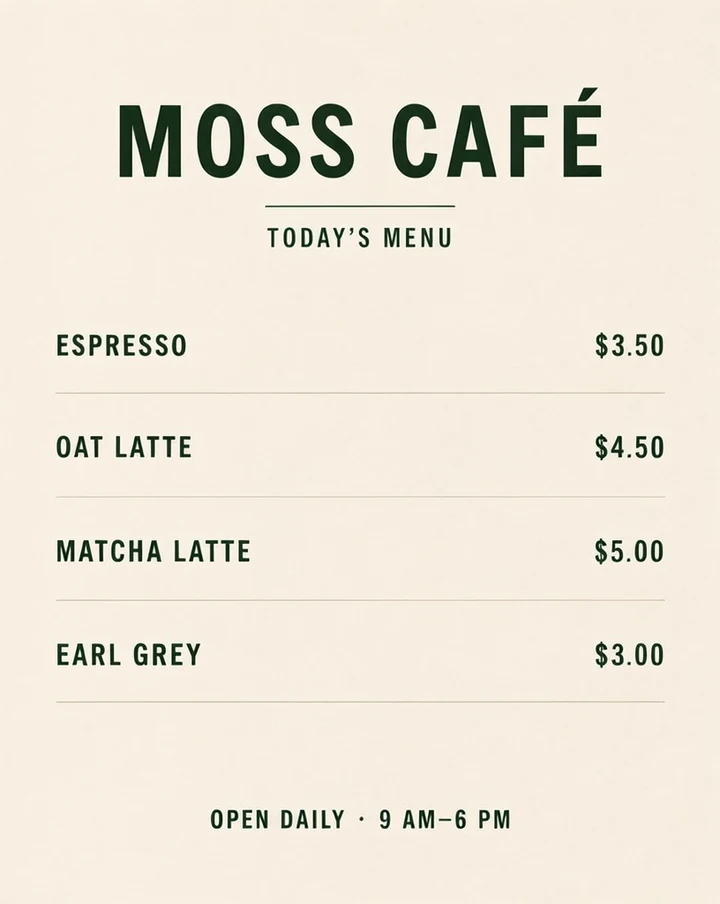 An English café menu with prices