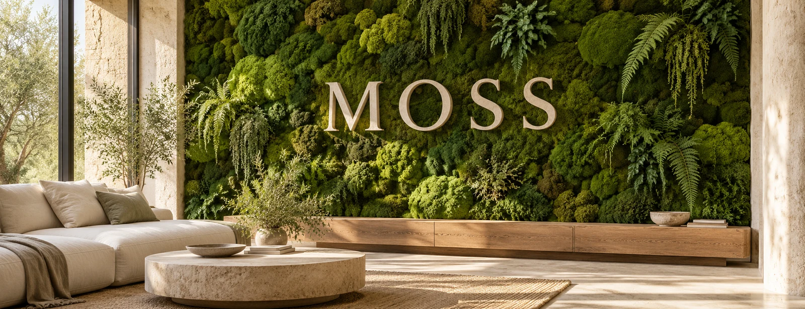 Sunlit interior with a lush green moss wall and large MOSS lettering